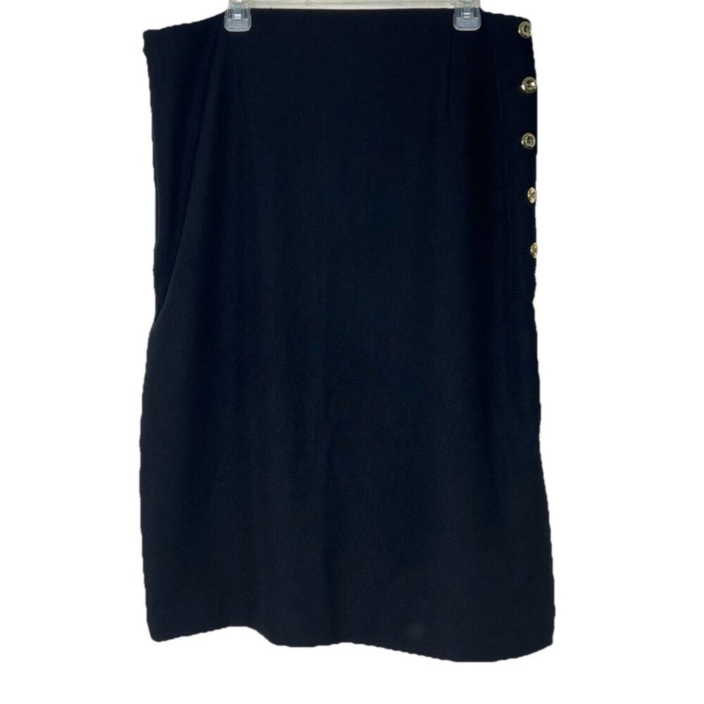 Black Skirt Fully Lined Stretchy Sz 18 Tahari Side Zip Gold Buttons